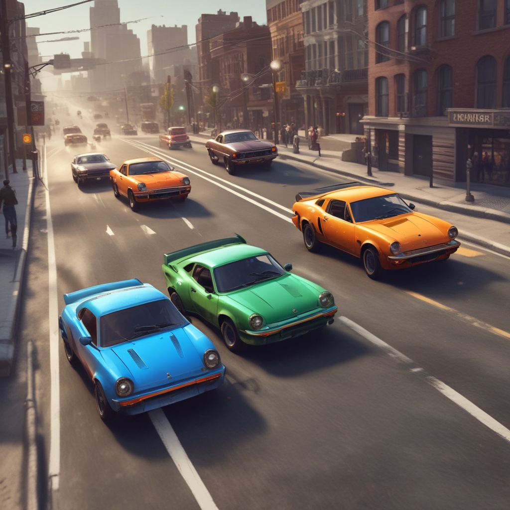 Three cars racing in an open world game across three streets